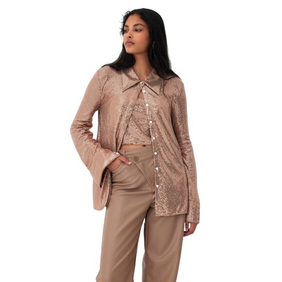 C/MEO Collective Rose Gold Sequin Button Down Blouse NWT Medium - Picture 1 of 7